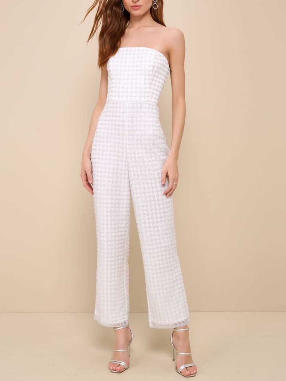 White Pearl Sequin Strapless Jumpsuit